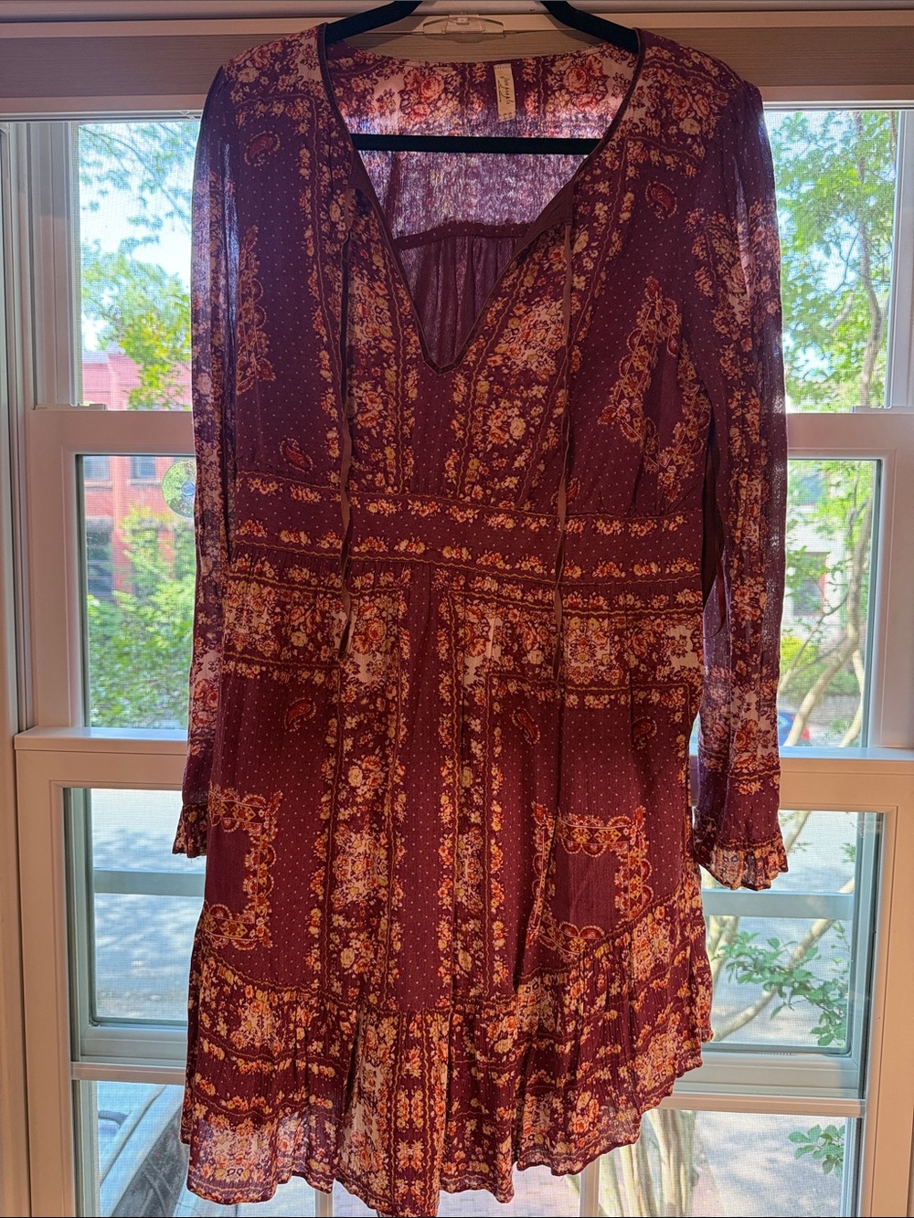 Free People Burgundy Floral Long-Sleeve Mini Dress